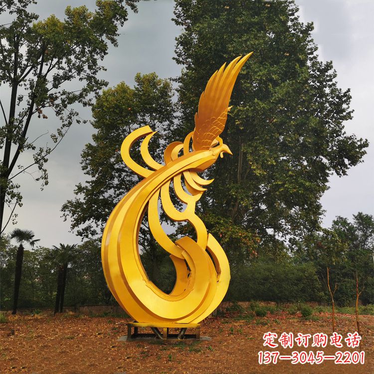 沧州不锈钢凤凰雕塑黄金色园林之美