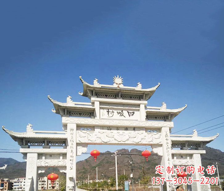 沧州村庄三门五楼石牌坊石雕 (2)