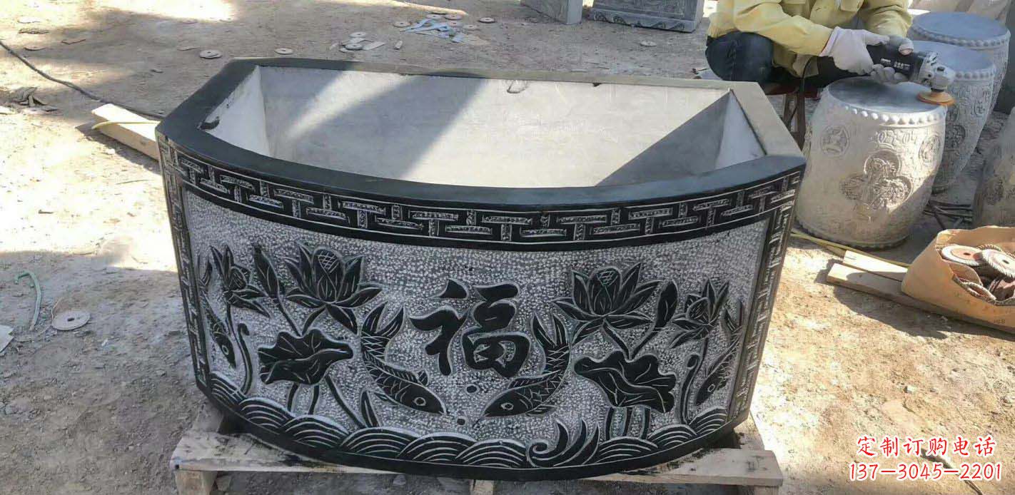 沧州精致方口石浮雕水缸雕塑