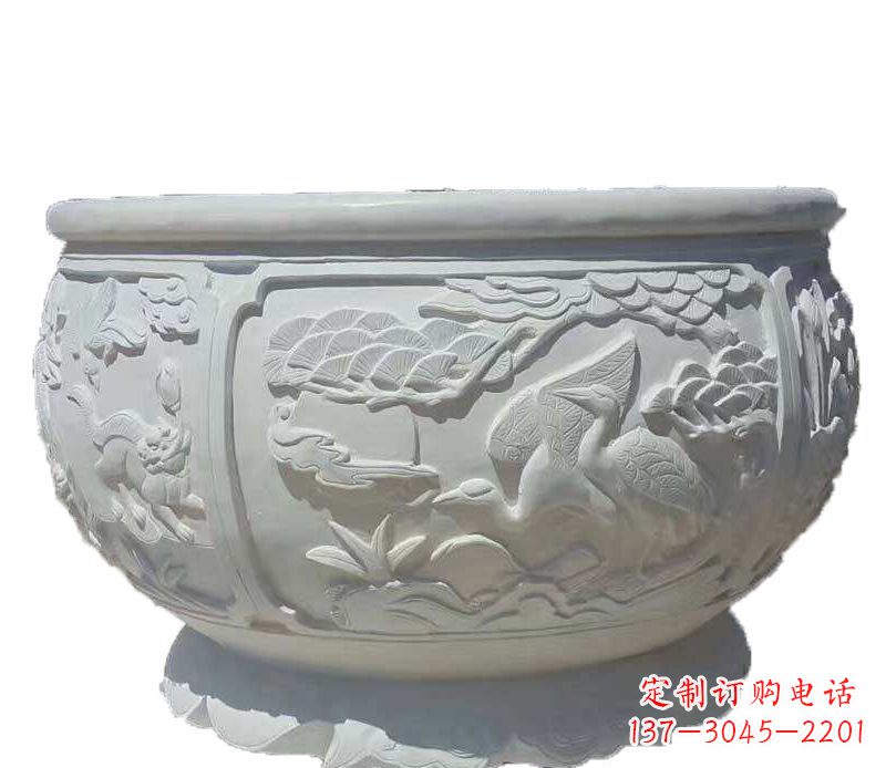 沧州仿古鱼缸石雕花盆摆件