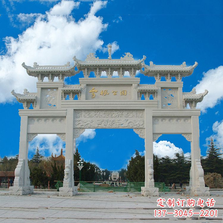 沧州传承历史的精美汉白玉三门牌楼雕塑