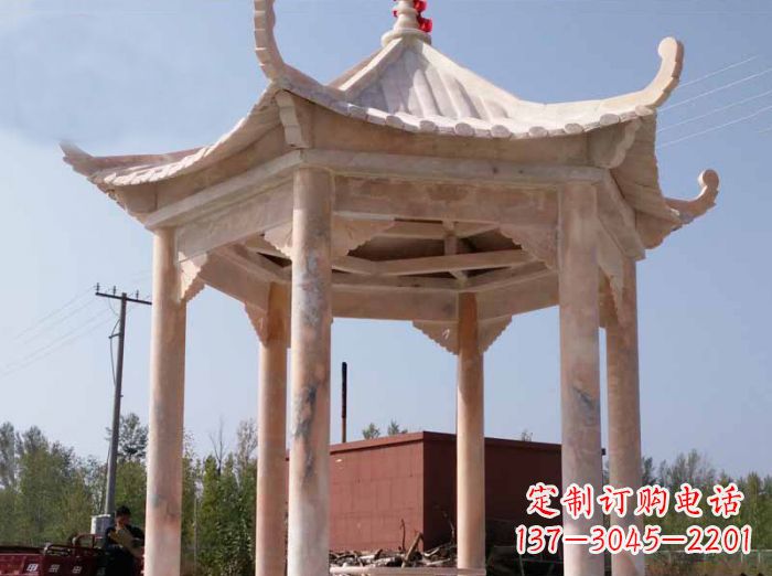 沧州公园晚霞红六角石雕凉亭 (6)