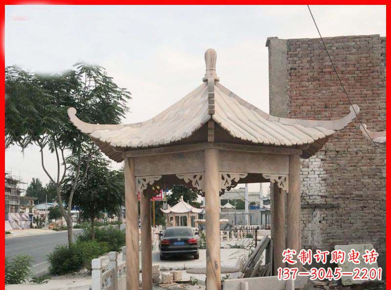 沧州公园晚霞红六角石雕凉亭 (5)