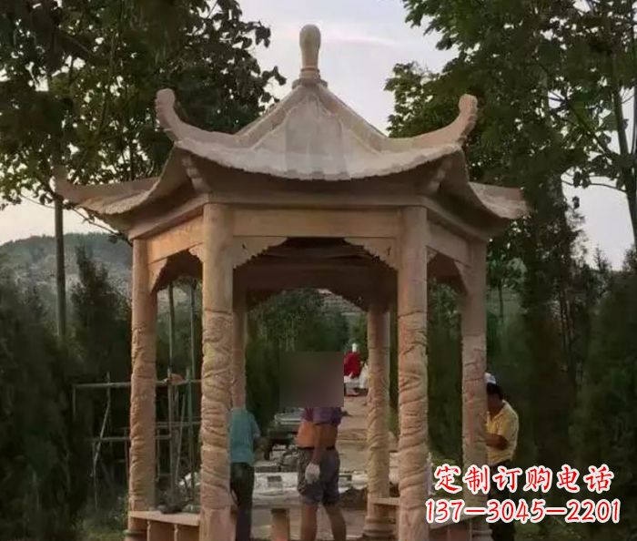 沧州公园晚霞红六角石雕凉亭 (9)
