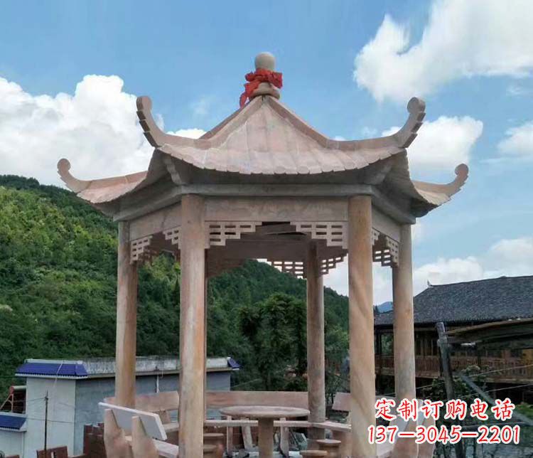 沧州公园晚霞红六角石雕凉亭 (10)