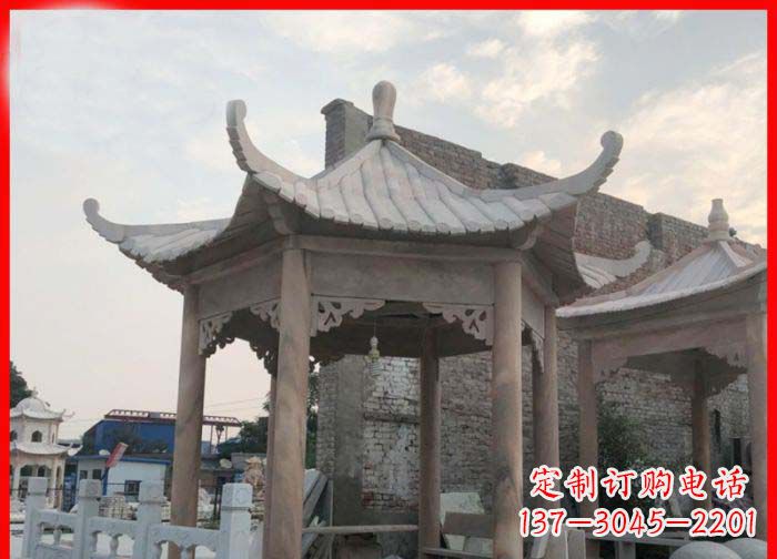 沧州公园晚霞红六角石雕凉亭