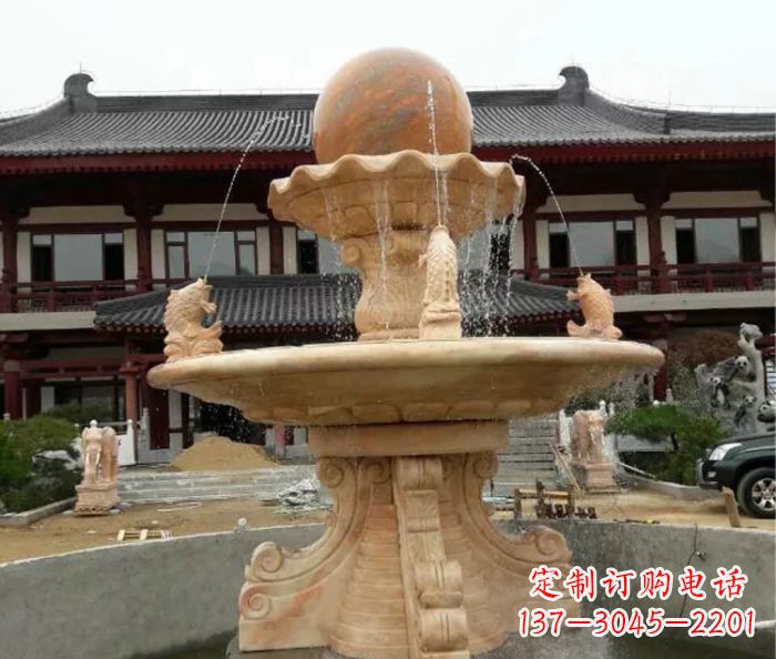 沧州双层风水球喷泉晚霞红石雕