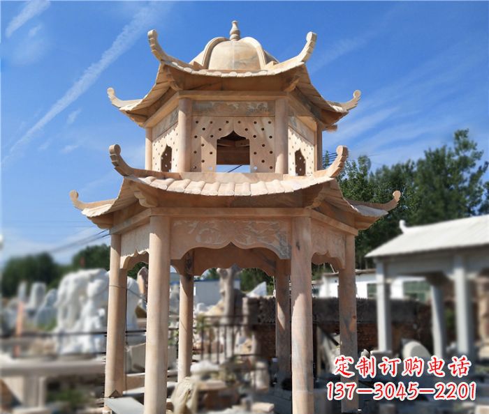 沧州晚霞红公园双层六角凉亭石雕