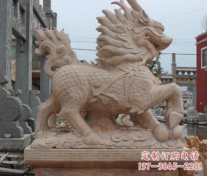 沧州晚霞红古代神兽麒麟石雕