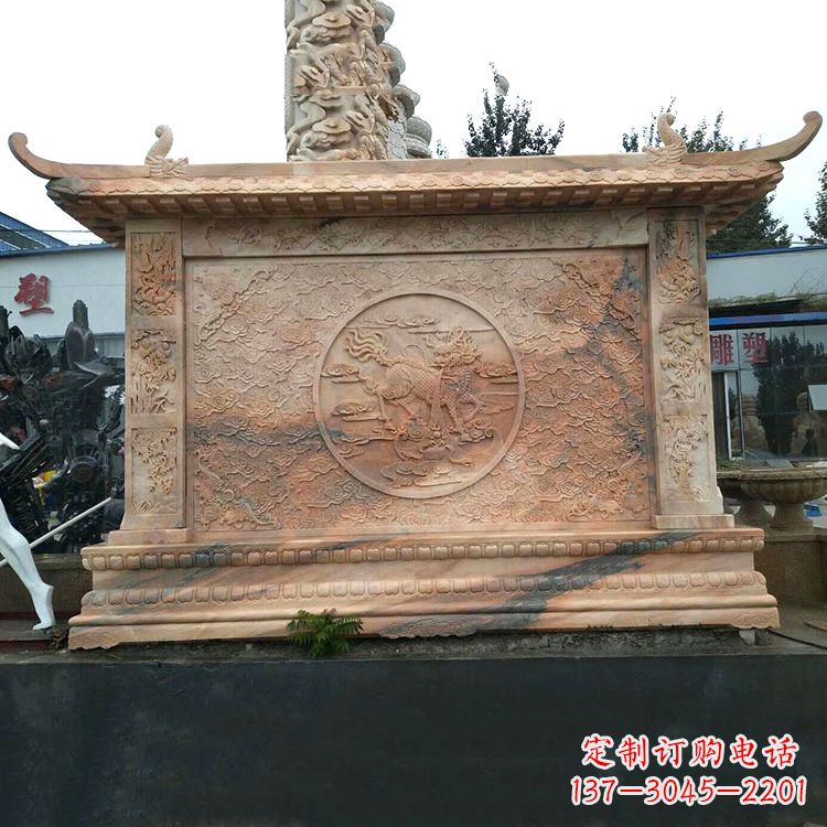 沧州晚霞红麒麟影壁墙石雕