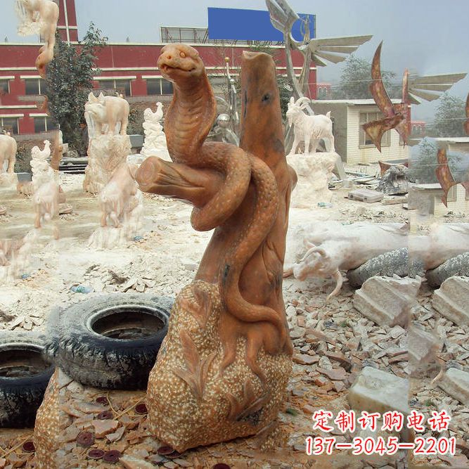 沧州晚霞红蛇石雕-12生肖动物雕塑