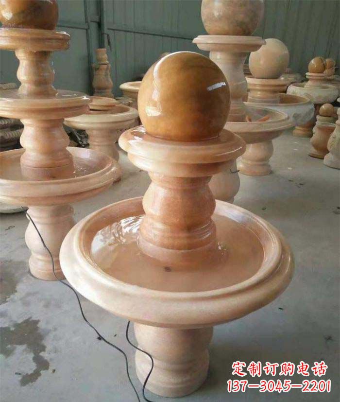 沧州晚霞红双层风水球别墅喷泉石雕