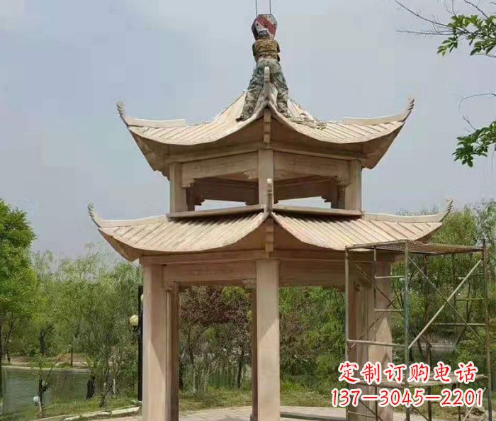 沧州晚霞红双层凉亭石雕 (2)