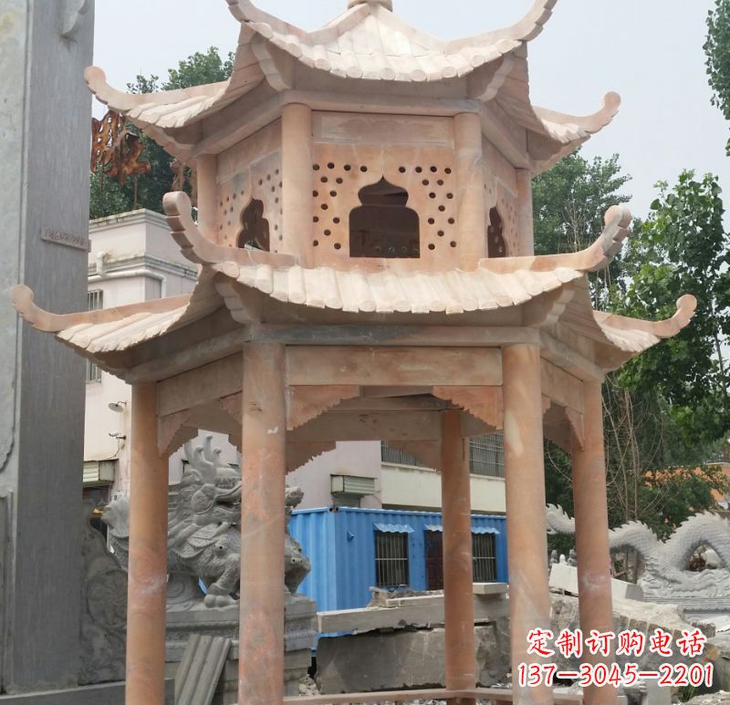 沧州晚霞红双层六角凉亭石雕 (2)