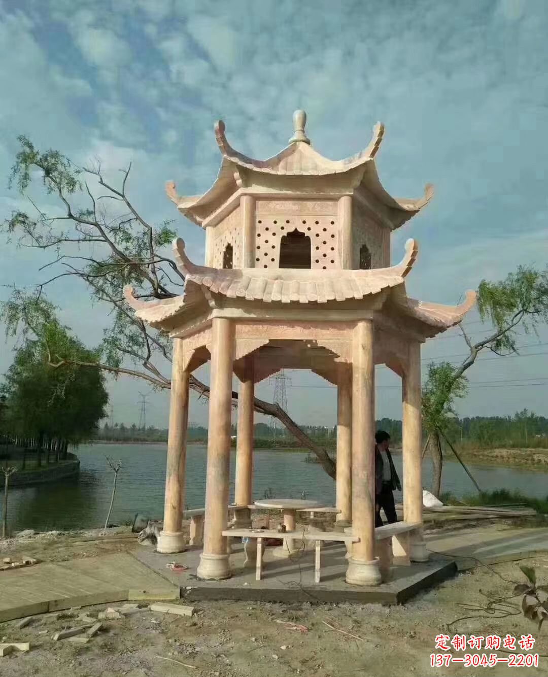 沧州晚霞红双层石凉亭 (2)