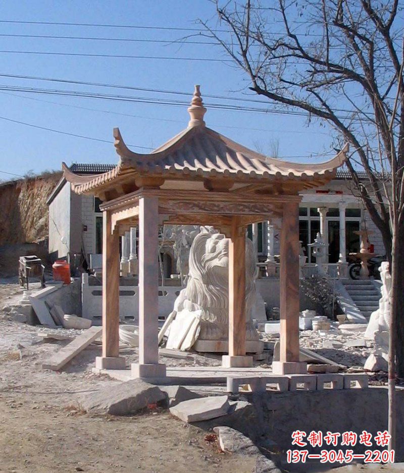 沧州晚霞红四角凉亭景观石雕