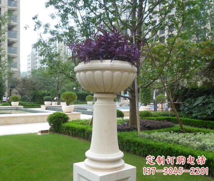沧州小区景观汉白玉花盆石雕 (2)