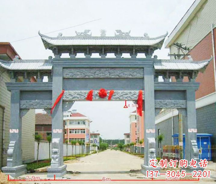 沧州小区三门牌坊石雕