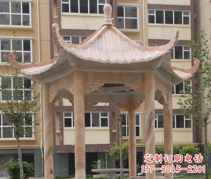 沧州小区晚霞红六角凉亭石雕