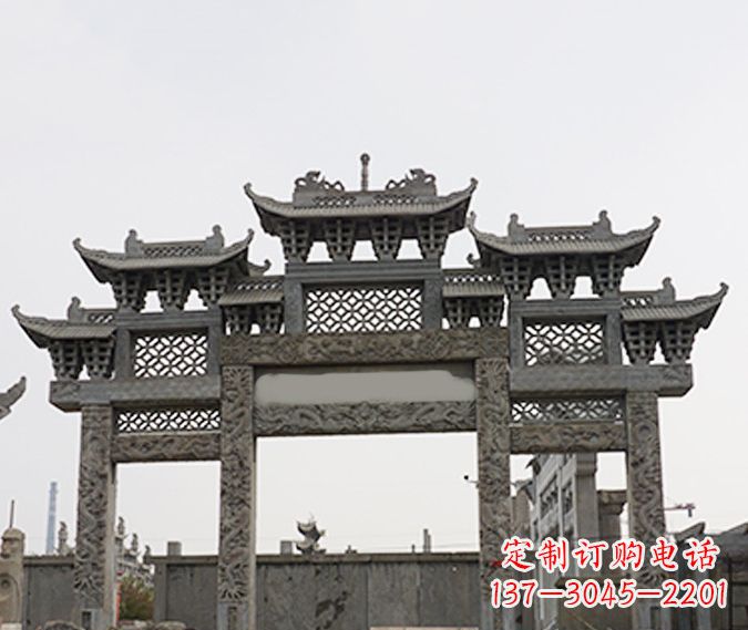 沧州园林仿古三门牌坊石雕 (4)
