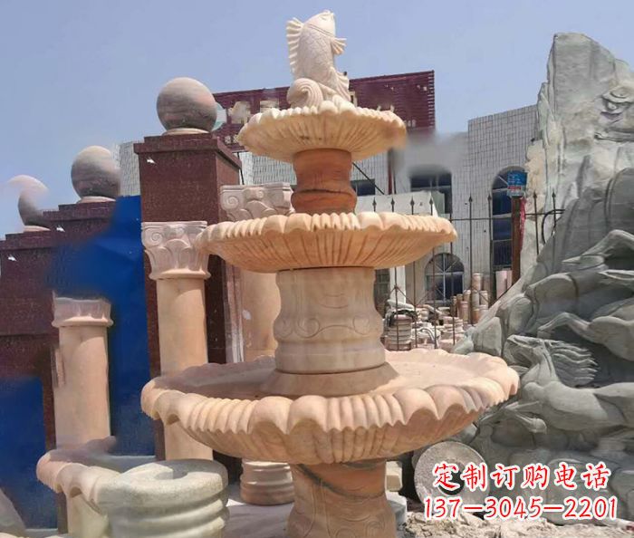沧州园林景观晚霞红鲤鱼喷泉石雕