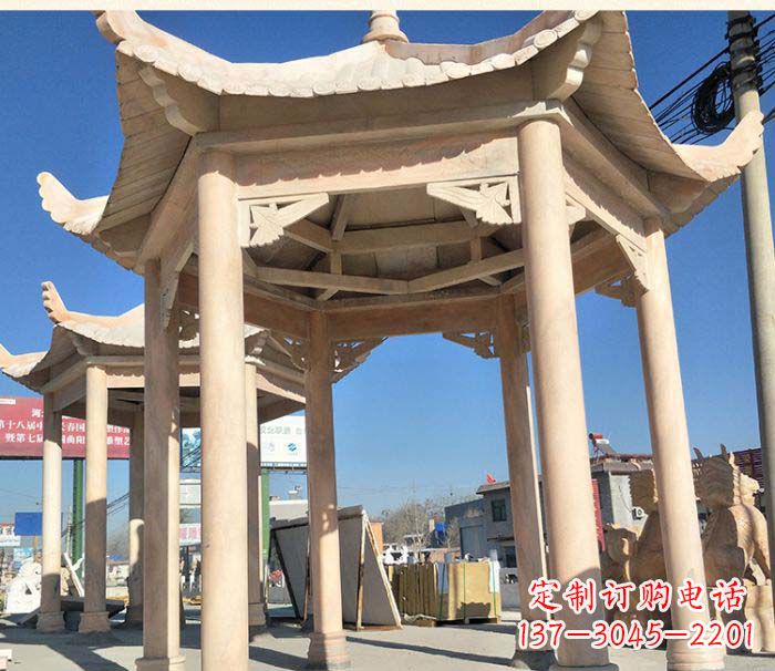 沧州园林景观晚霞红六角石雕凉亭 (2)