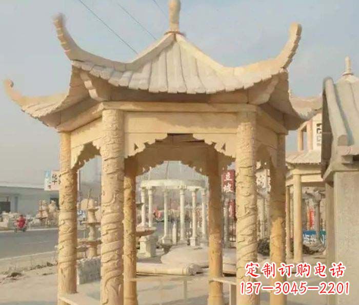 沧州园林景观晚霞红六角石雕凉亭 (3)