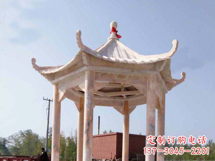 沧州园林景观晚霞红六角石雕凉亭