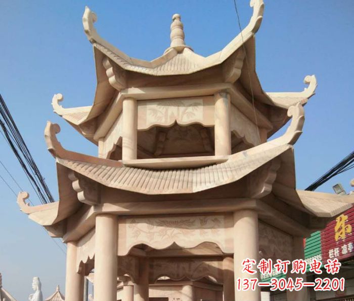 沧州园林景观晚霞红双层石雕凉亭 (2)