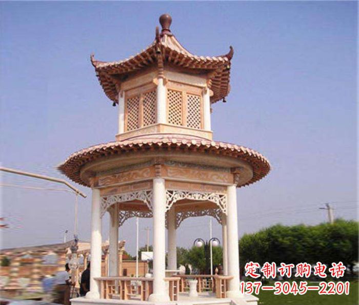 沧州园林景观晚霞红双层石雕凉亭 (4)