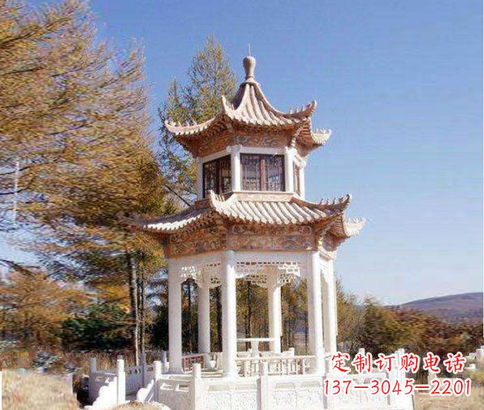 沧州园林景观晚霞红双层石雕凉亭 (3)
