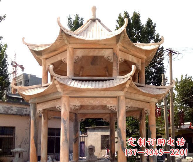沧州园林景观晚霞红双层石雕凉亭