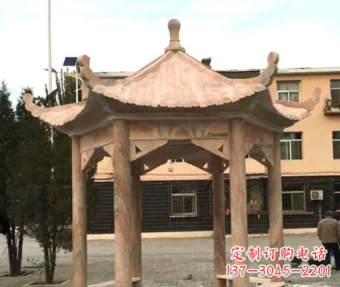 沧州园林晚霞红六角石雕凉亭