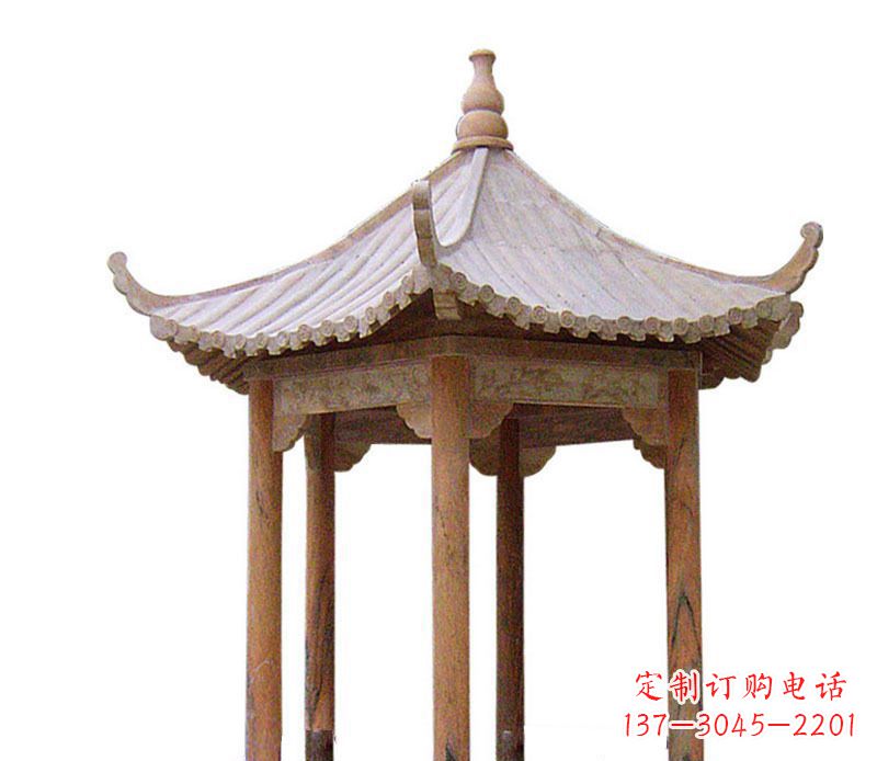 沧州园林晚霞红六角石凉亭景观石雕 (2)