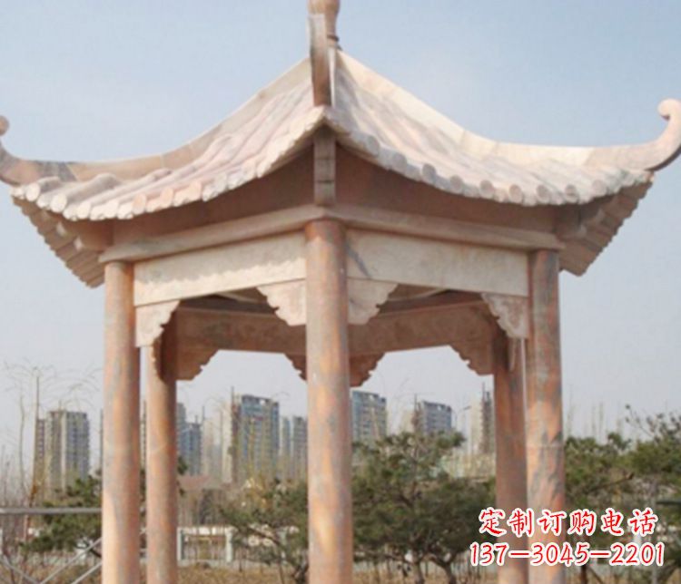沧州园林晚霞红六角石凉亭景观石雕