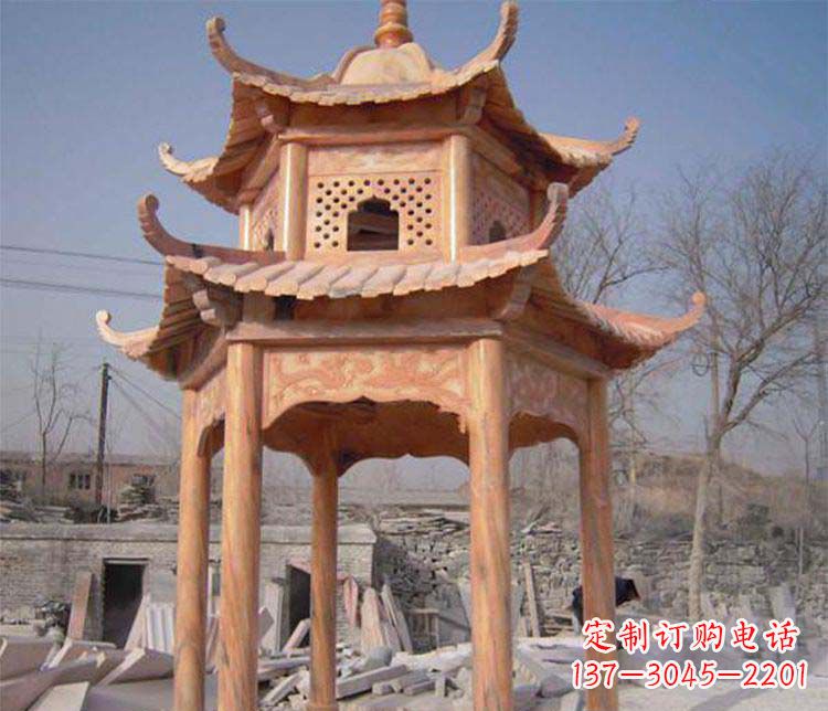 沧州园林晚霞红石凉亭景观石雕