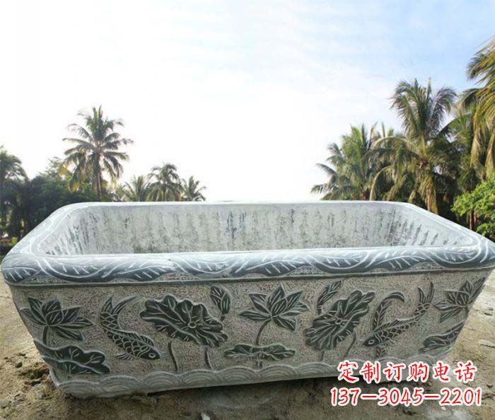 沧州长方形连年有余荷花浮雕石水缸