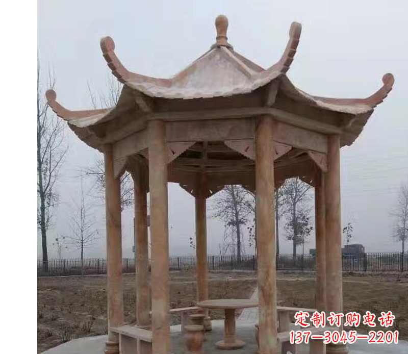 沧州公园晚霞红八角石雕凉亭